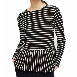 People Tree Ishina Black & White Striped Organic Cotton Knit Peplum Top Size 12